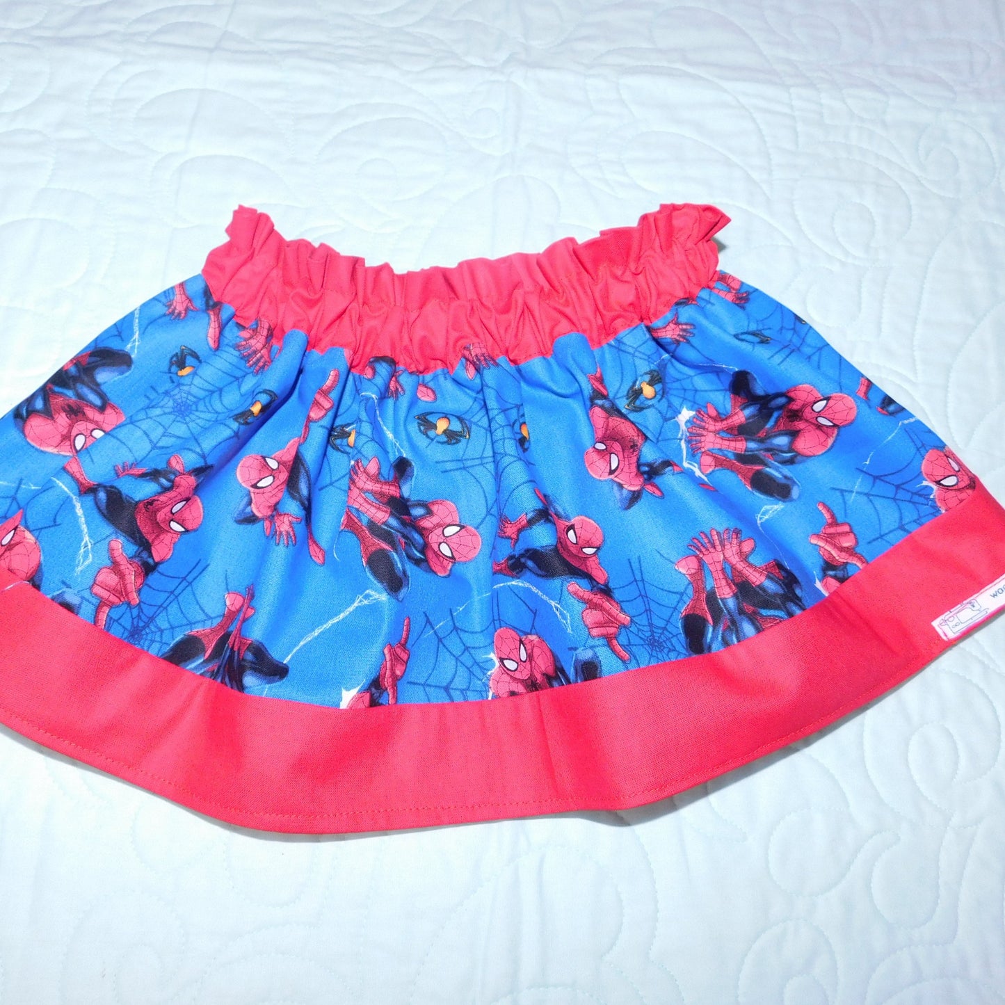 Skirt - High Waisted - Tadah Paper Bag Skirt, Toddler Webbed Superhero on Blue Background with Red Waist and Hemline
