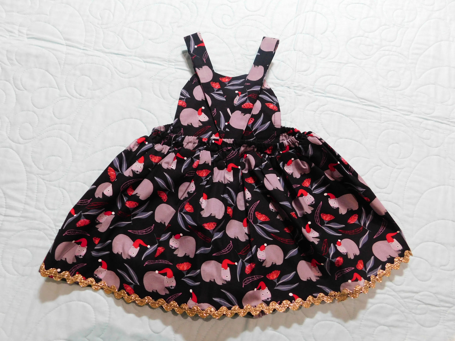 2 Piece Set - Dress and Nappy Cover - Christmas - Pinafore with Australiana Christmas Wombats, attached Nappy Cover with Gold Braid Trims