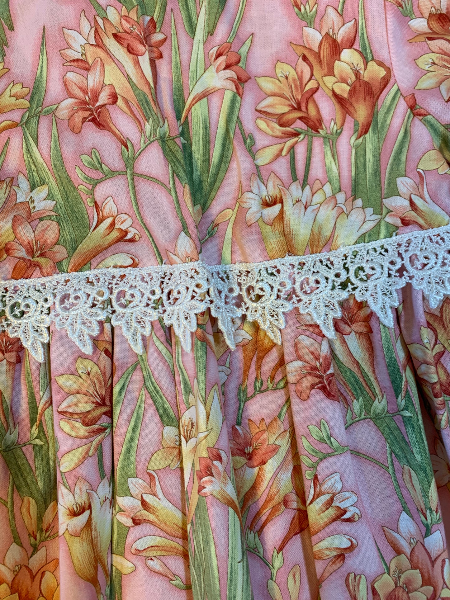 Dress - 3/4 Sleeve Floral Garden - Pink Tones, 3/4 Sleeve with Ruffle