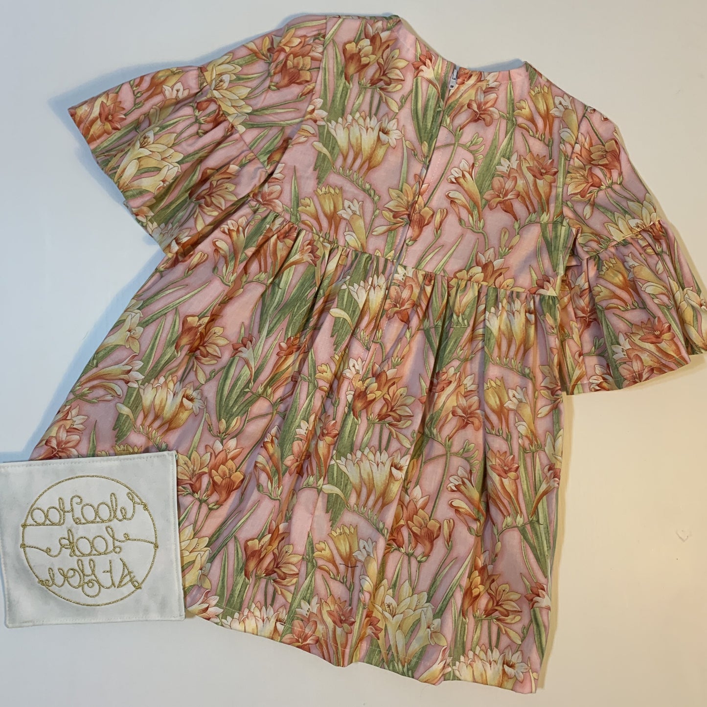 Dress - 3/4 Sleeve Floral Garden - Pink Tones, 3/4 Sleeve with Ruffle