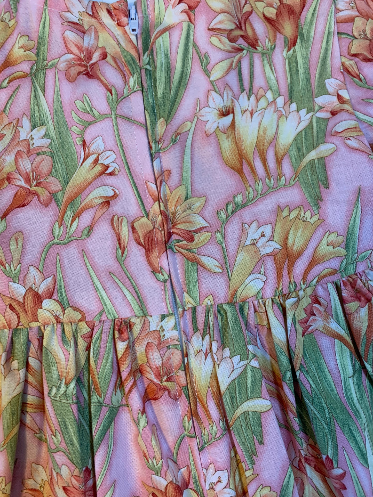 Dress - 3/4 Sleeve Floral Garden - Pink Tones, 3/4 Sleeve with Ruffle