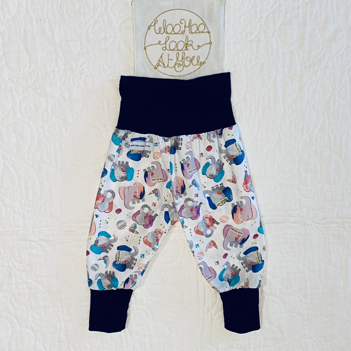 Pants - Harem - Ribbed Waist - Multi-coloured Elephants with Black Bands