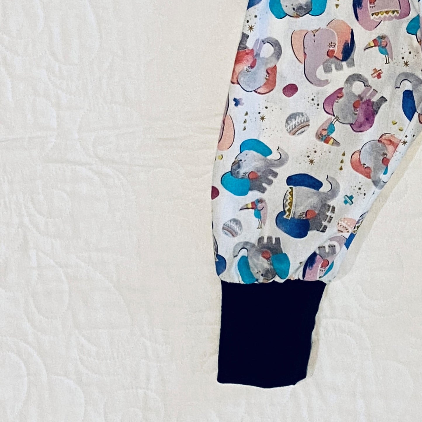 Pants - Harem - Ribbed Waist - Multi-coloured Elephants with Black Bands