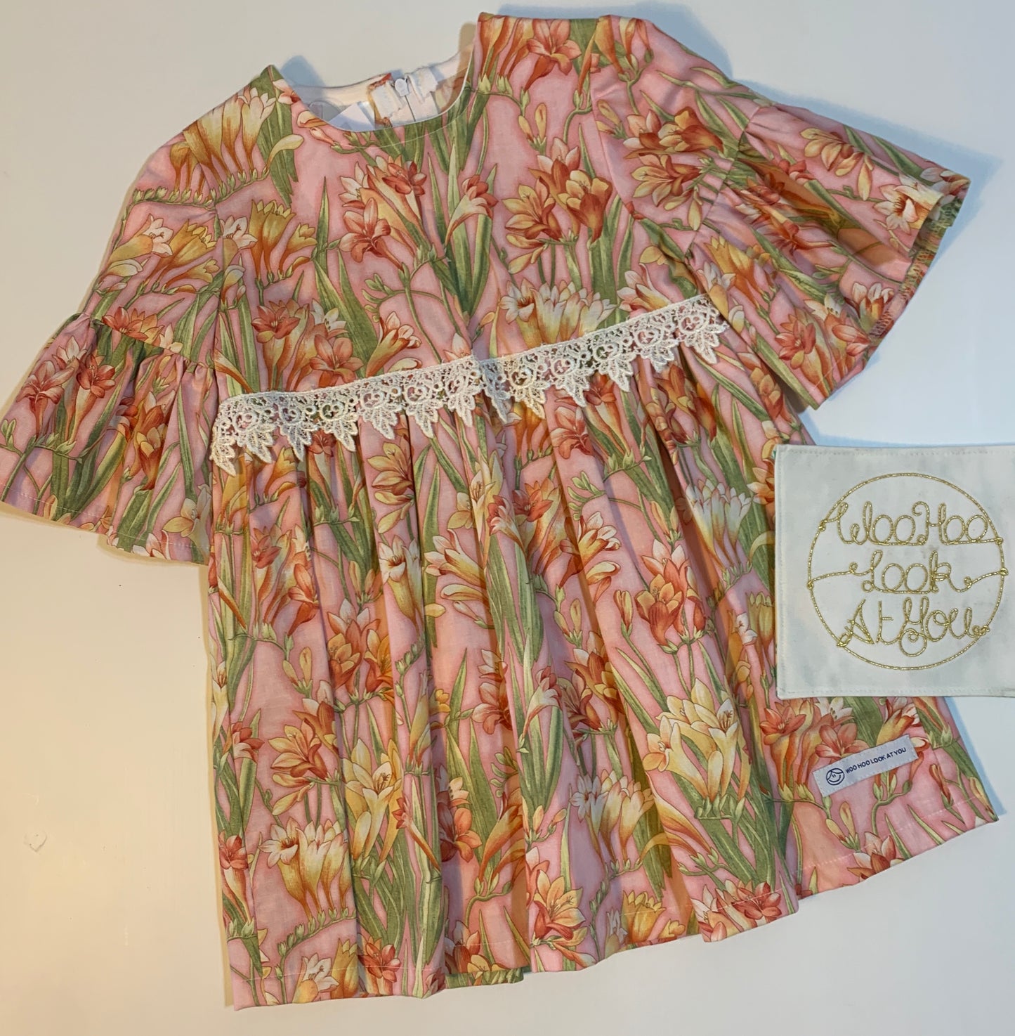 Dress - 3/4 Sleeve Floral Garden - Pink Tones, 3/4 Sleeve with Ruffle