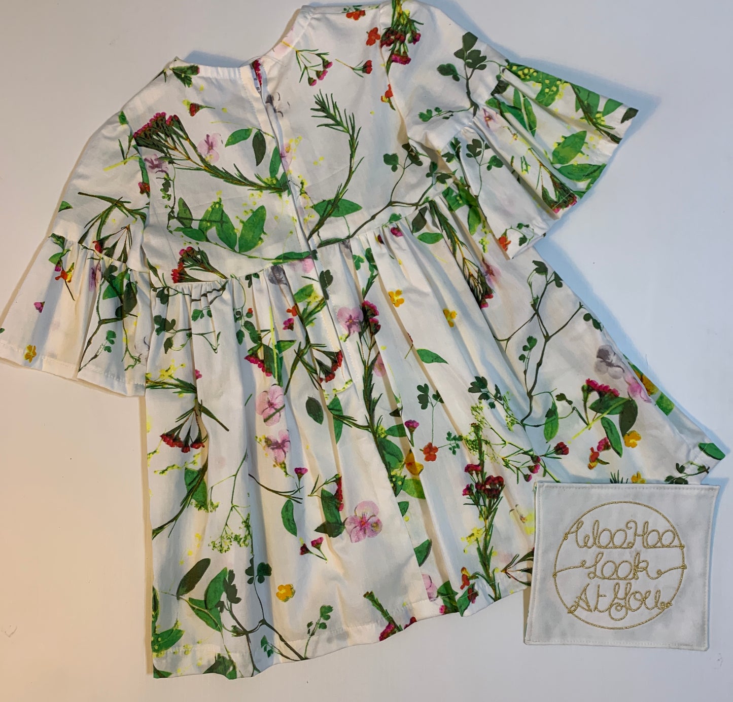 Dress - 3/4 Sleeve Floral Garden - Green Tones, 3/4 Sleeve with Ruffle