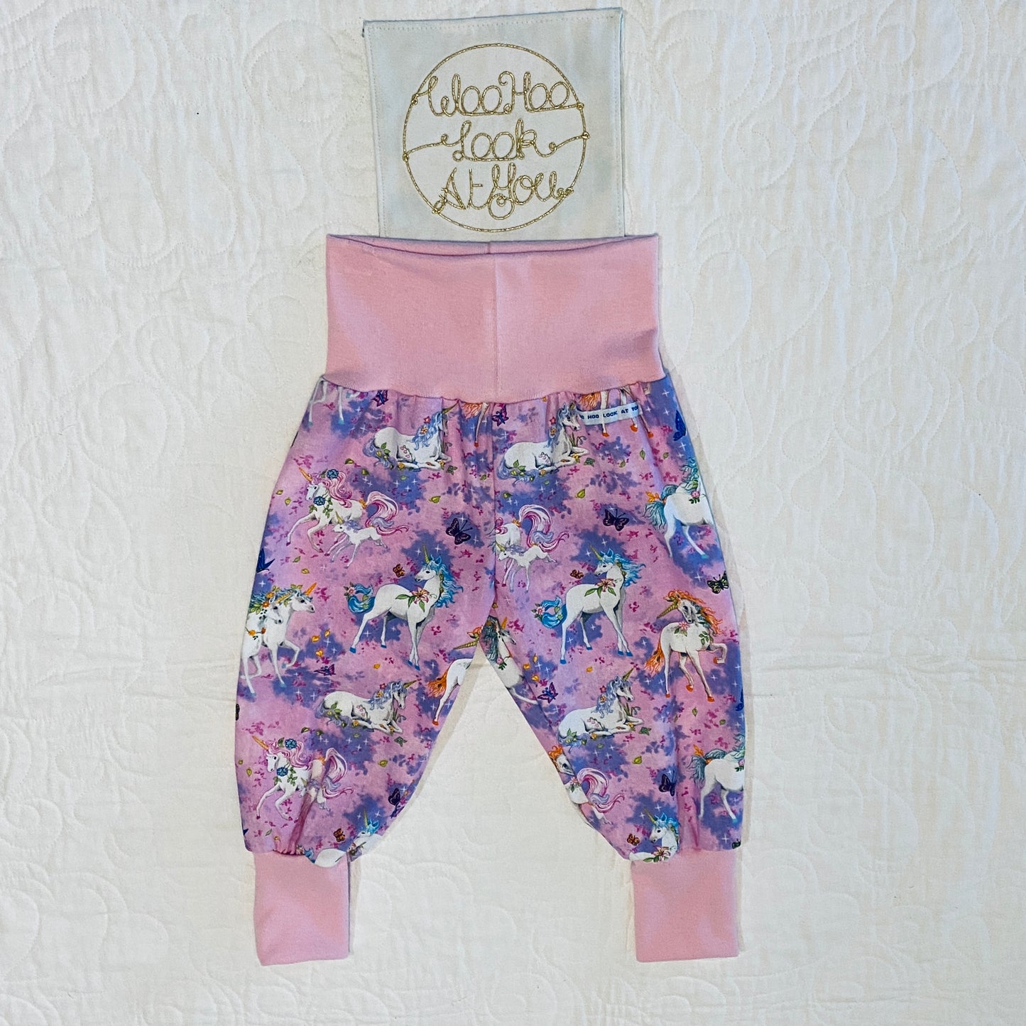 Pants - Harem - Ribbed Waist - White Unicorns with Pink Bands