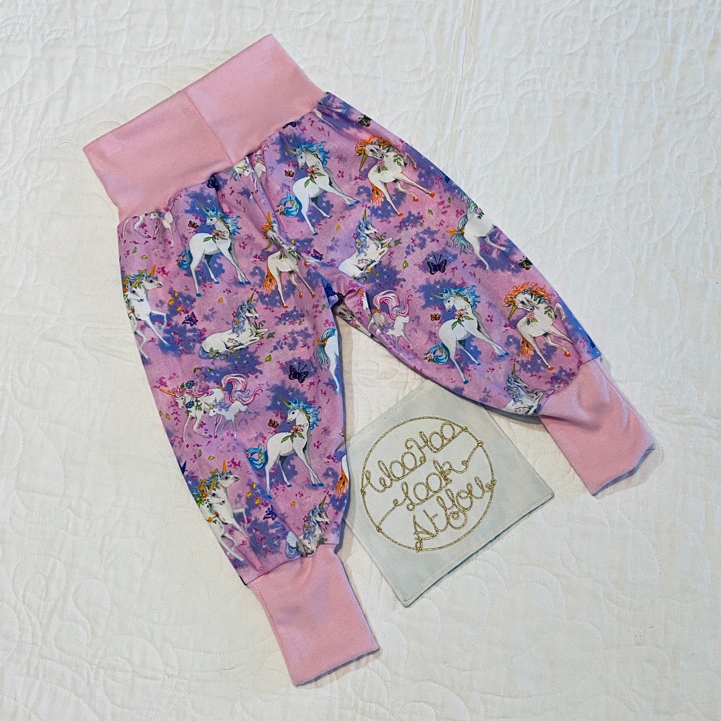 Pants - Harem - Ribbed Waist - White Unicorns with Pink Bands