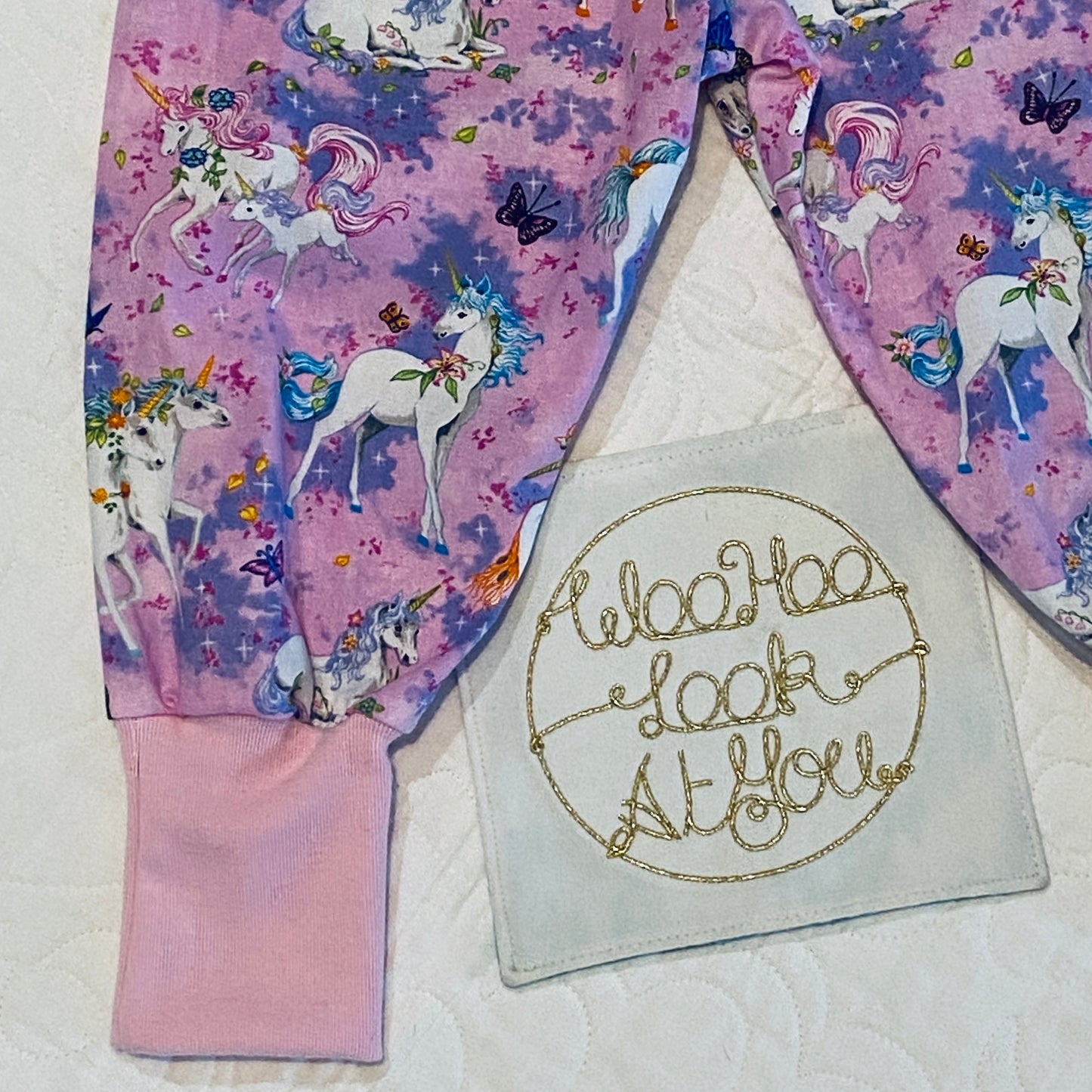 Pants - Harem - Ribbed Waist - White Unicorns with Pink Bands