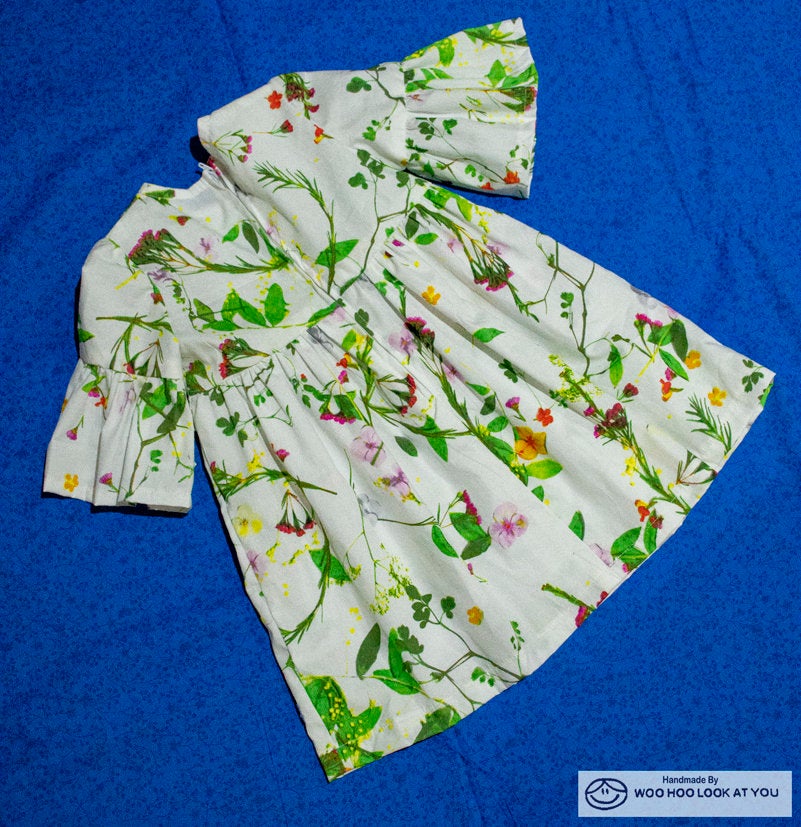Dress - 3/4 Sleeve Floral Garden - Green Tones, 3/4 Sleeve with Ruffle