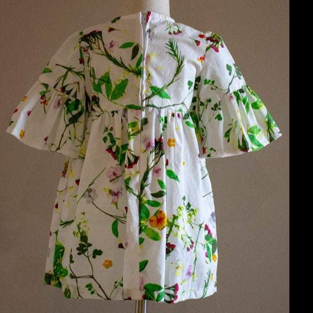 Dress - 3/4 Sleeve Floral Garden - Green Tones, 3/4 Sleeve with Ruffle