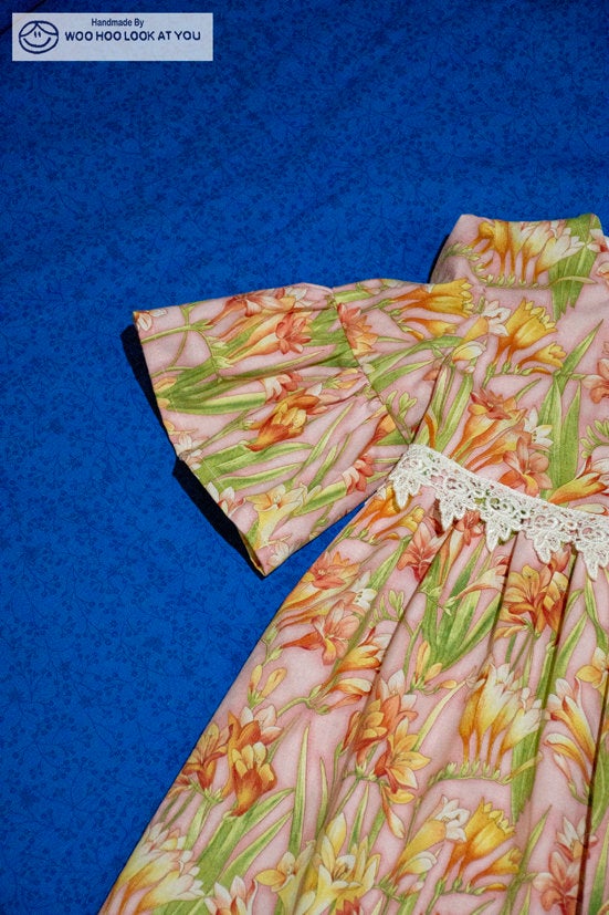 Dress - 3/4 Sleeve Floral Garden - Pink Tones, 3/4 Sleeve with Ruffle