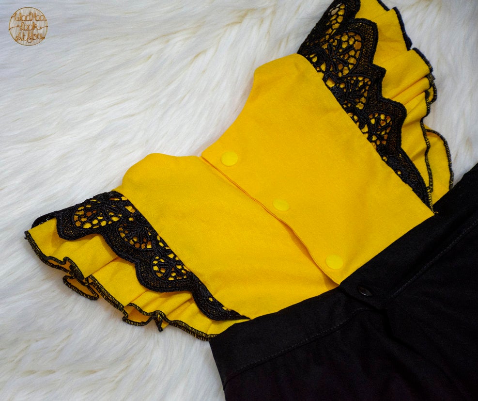 Dress - Pinafore - Emma Polly Yellow and Black with Black Lace Trim