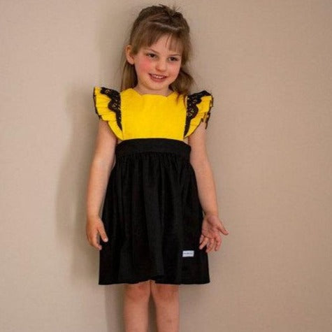 Dress - Pinafore - Emma Polly Yellow and Black with Black Lace Trim