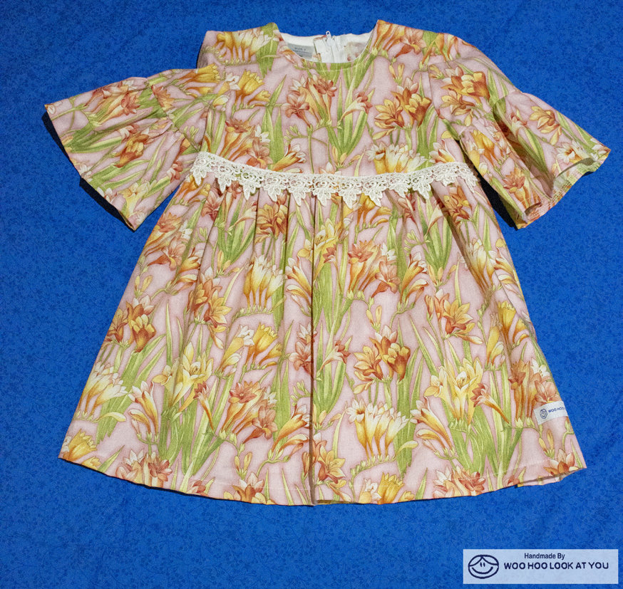 Dress - 3/4 Sleeve Floral Garden - Pink Tones, 3/4 Sleeve with Ruffle