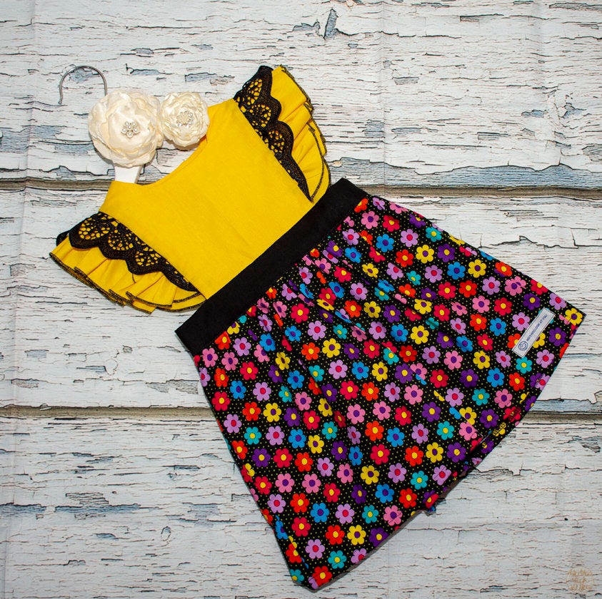 Pinafore - Emma Polly 80's Flowers with Black Lace Flutter