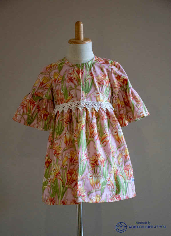 Dress - 3/4 Sleeve Floral Garden - Pink Tones, 3/4 Sleeve with Ruffle