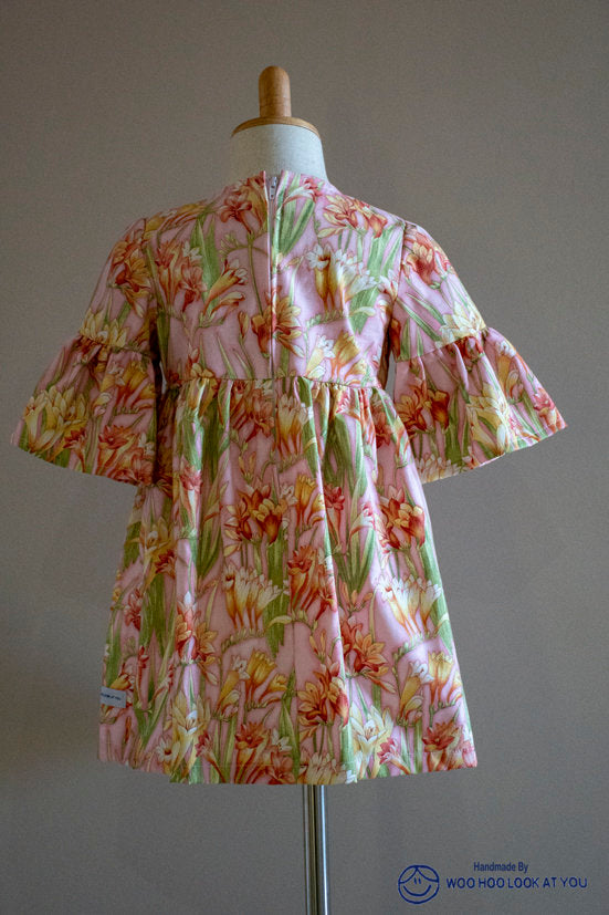 Dress - 3/4 Sleeve Floral Garden - Pink Tones, 3/4 Sleeve with Ruffle