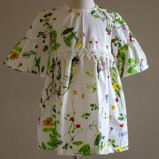 Dress - 3/4 Sleeve Floral Garden - Green Tones, 3/4 Sleeve with Ruffle
