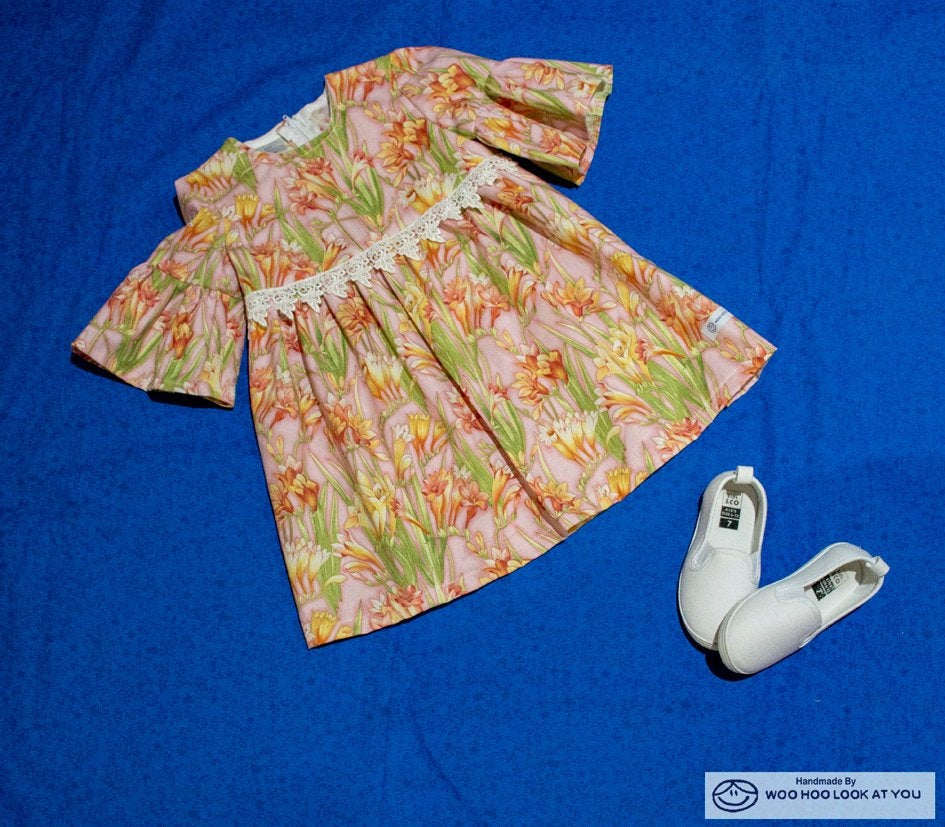 Dress - 3/4 Sleeve Floral Garden - Pink Tones, 3/4 Sleeve with Ruffle