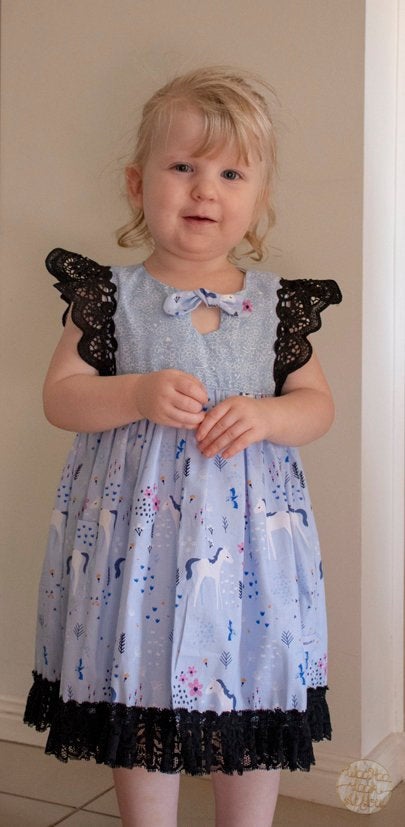 Dress - Maddie - Blue Unicorns with Black Lace Flutters and Black Lace Hemline