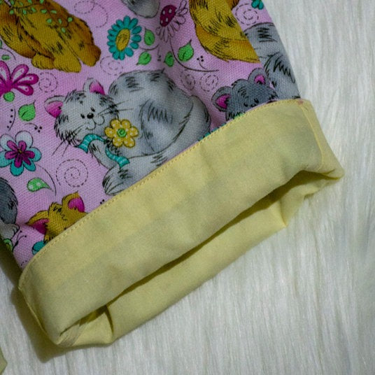 Pants - Buzoku Cotton - Lined - Pink Background, Orange and Grey Cats at Play with Lemon Yellow Trim