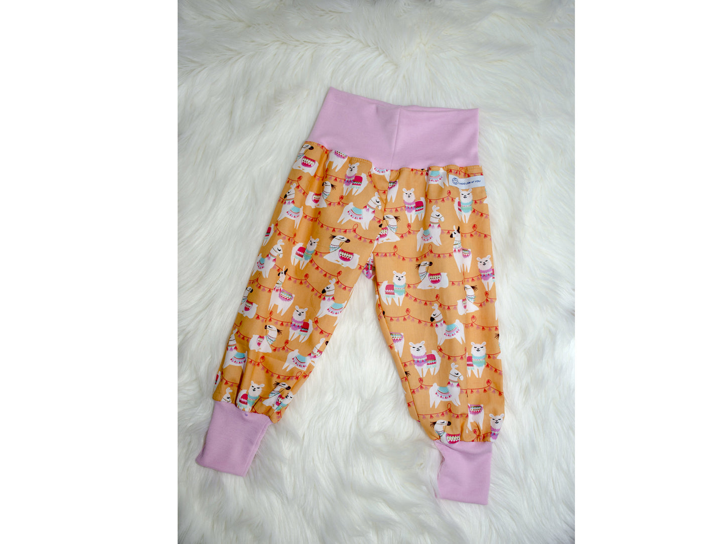 Pants - Harem - Ribbed Waist - Orange Llamas with Pink Bands