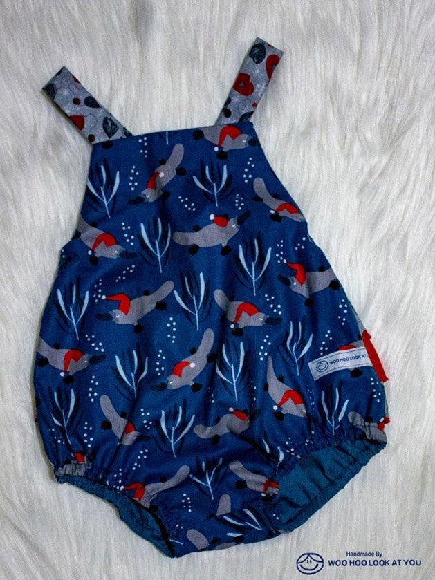 Romper - Christmas - Australiana Christmas Platypus with Grey and Red Ruffled Trim on Bottom