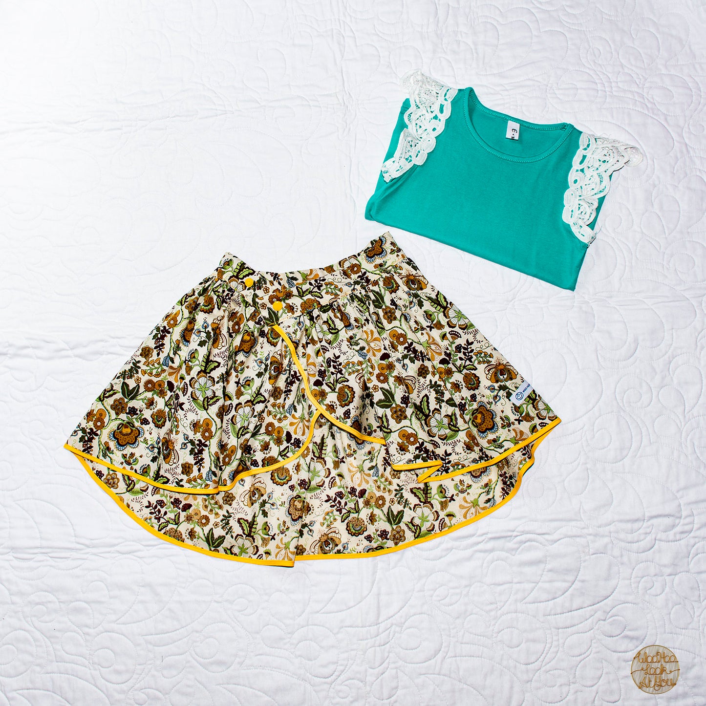 Skirt - Wrap - Tadah Tulip Skirt- Yellow Mustard Paisley Flowers on Cream