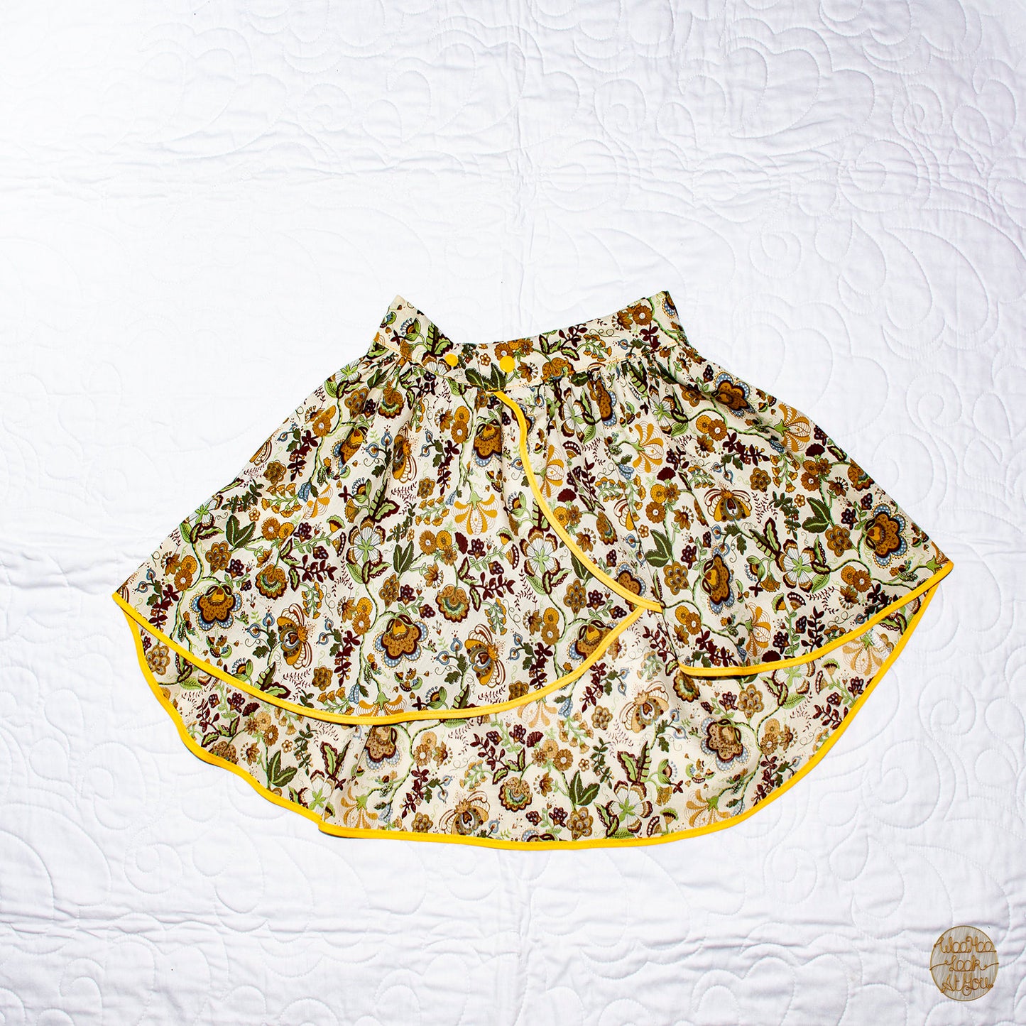 Skirt - Wrap - Tadah Tulip Skirt- Yellow Mustard Paisley Flowers on Cream