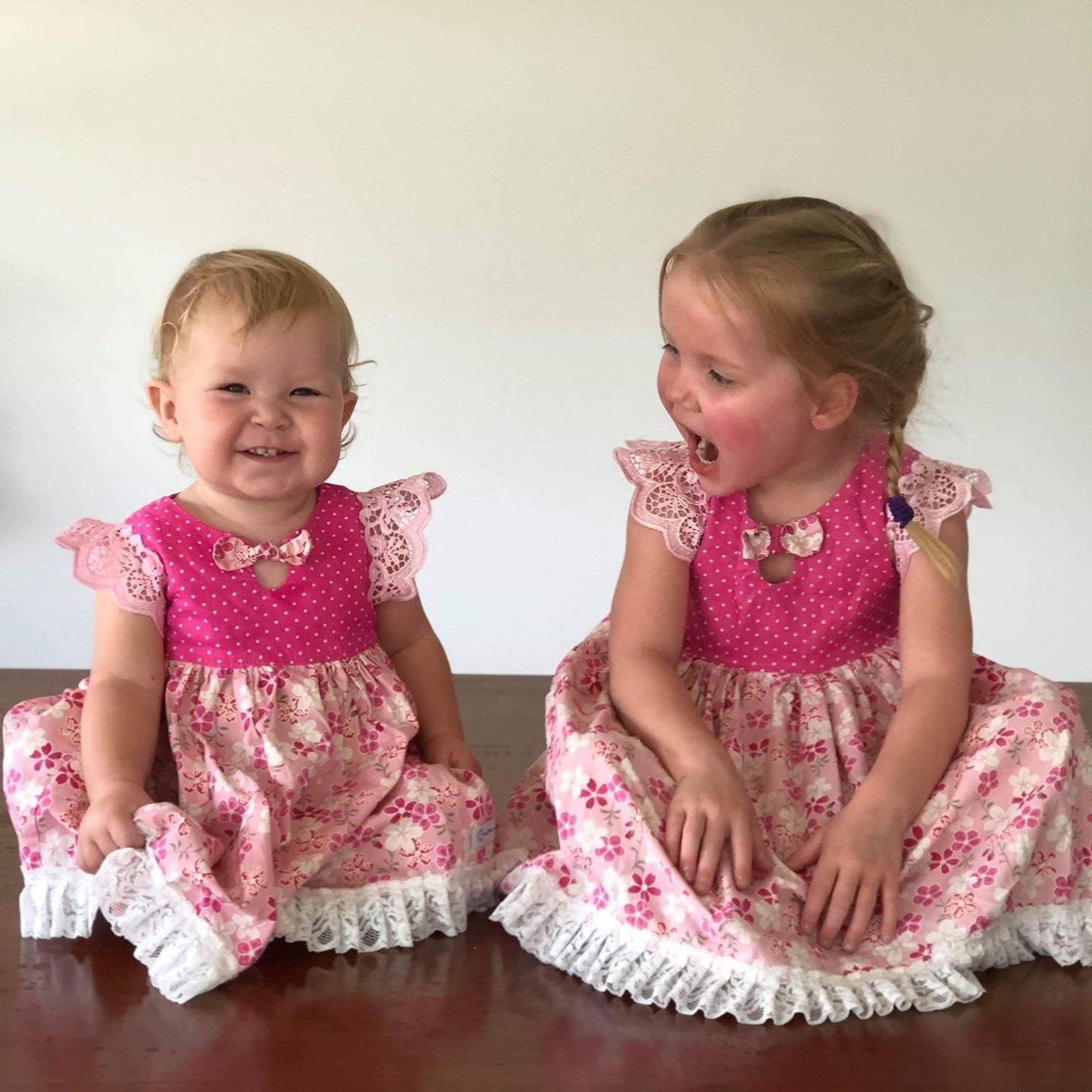 Dress - Maddie - Bright Pink Bodice, Pink Frangipani Skirt with Light Pink Lace Flutters and Lace/Pom Pom Hemline