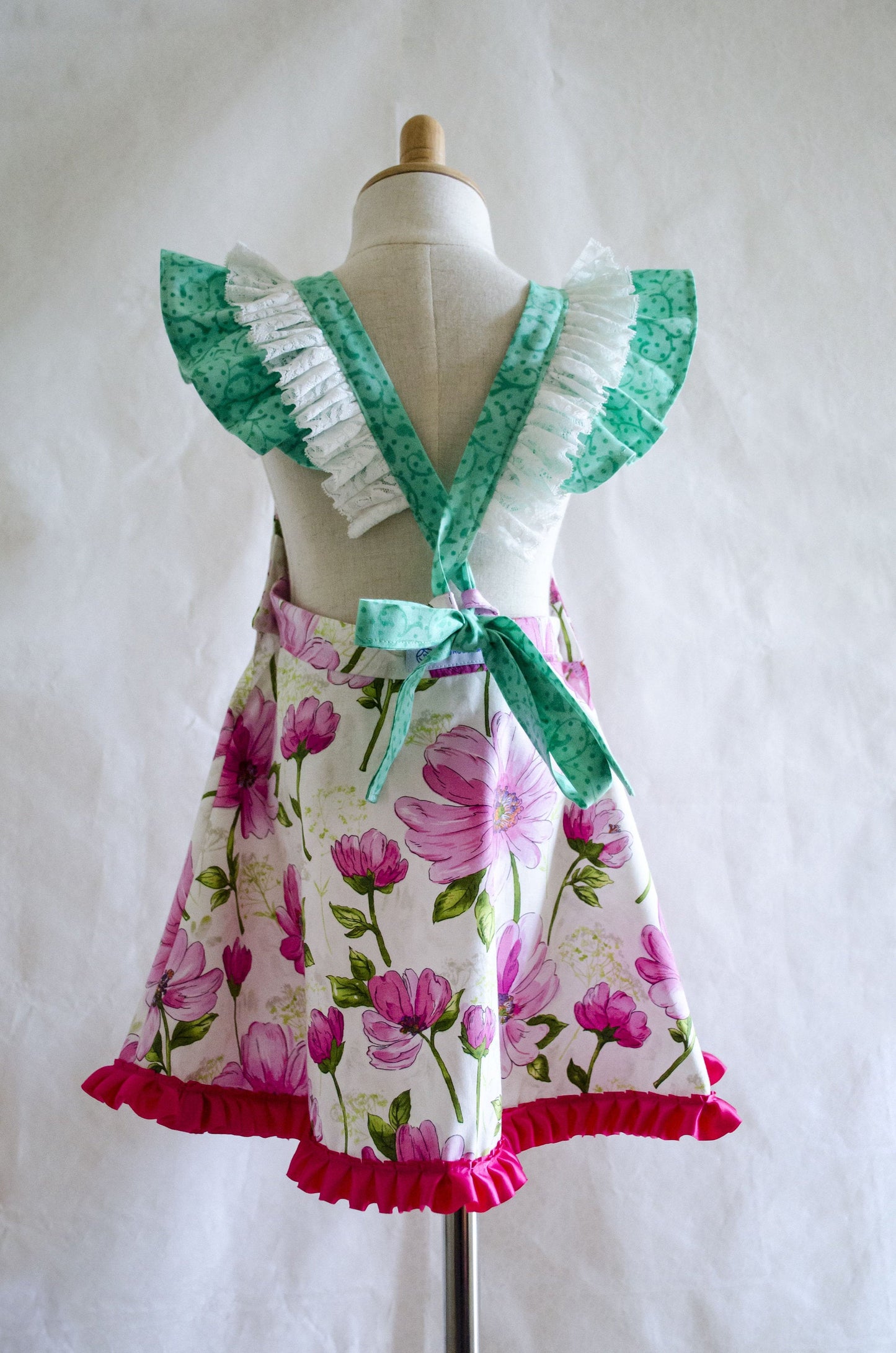 Dress - Pinafore - Pink Water Colour Flowers on White with Pink Satin Trim