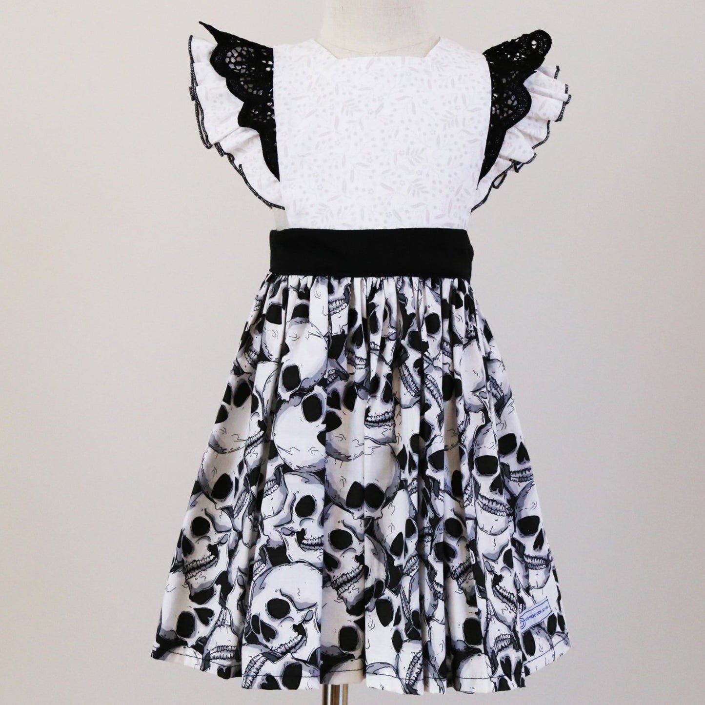 Dress - Halloween - Emma Polly Large Skulls Black & White with Black Lace