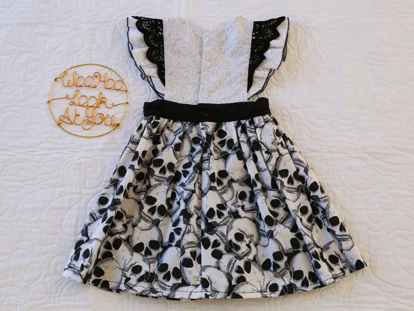 Dress - Halloween - Emma Polly Large Skulls Black & White with Black Lace