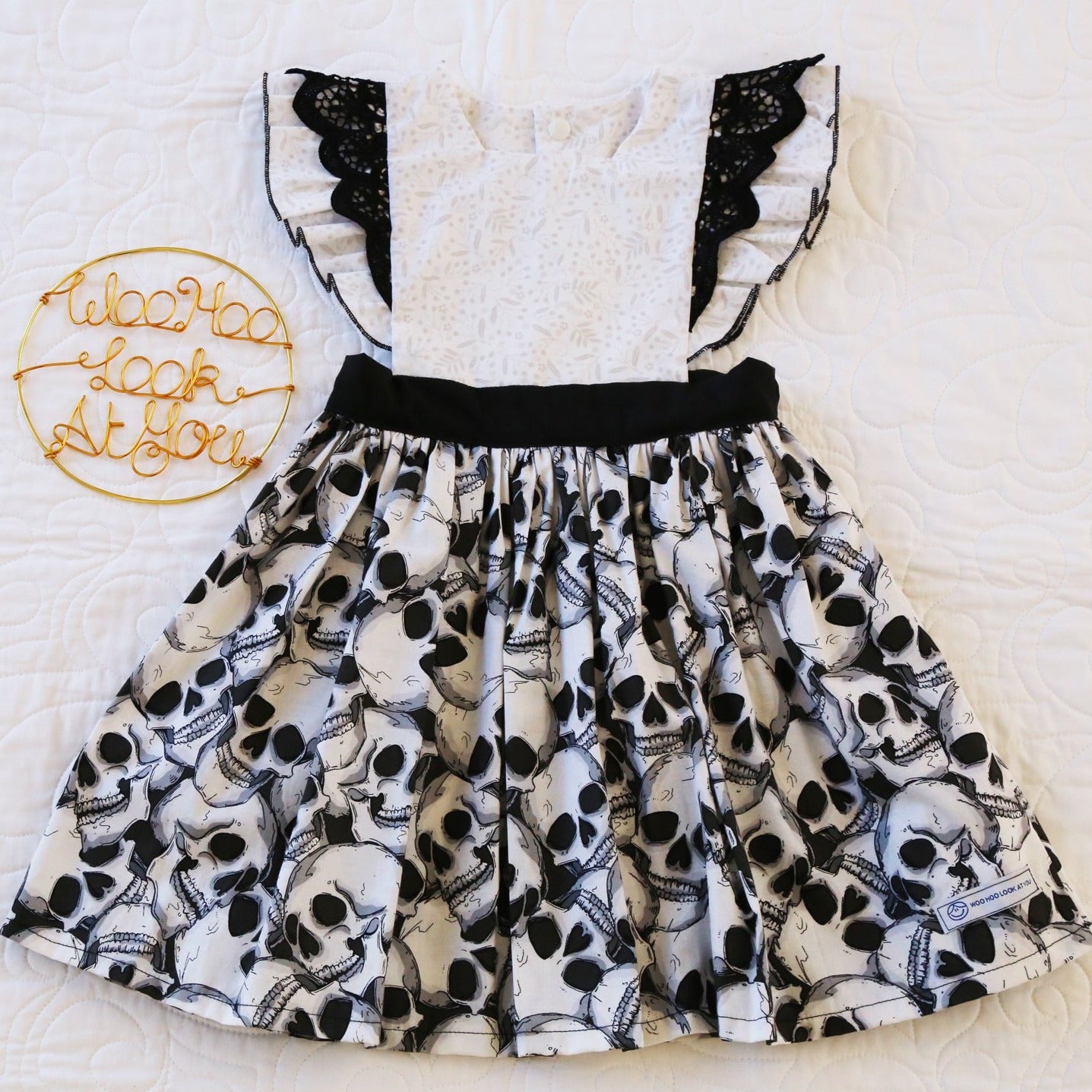 Dress - Halloween - Emma Polly Large Skulls Black & White with Black Lace