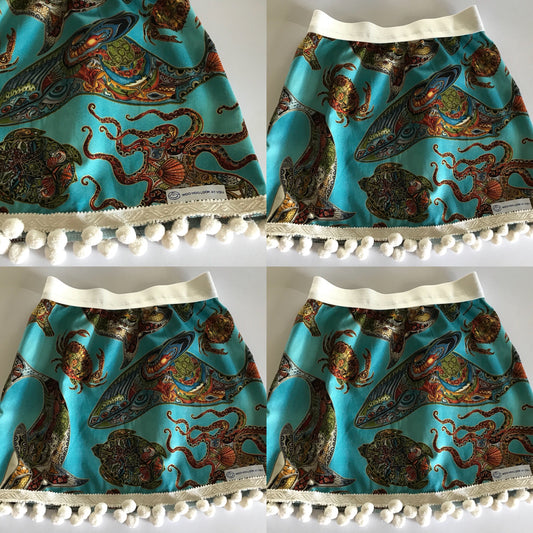 Skirt - Added Elastic Waistband - Whales, Dolphins, Octopus, Turtle, Shark, Crab on Blue with White Pom Pom Hemline