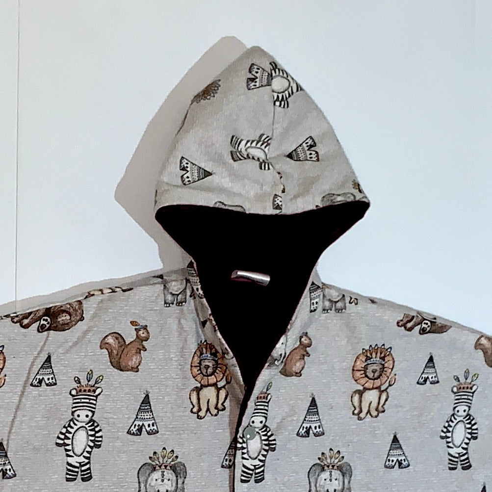 Coat - Poncho Coat - Burgundy Lined, African Animal Print, Hooded, Burgundy Heart Shape Pocket, Grey Cuffs