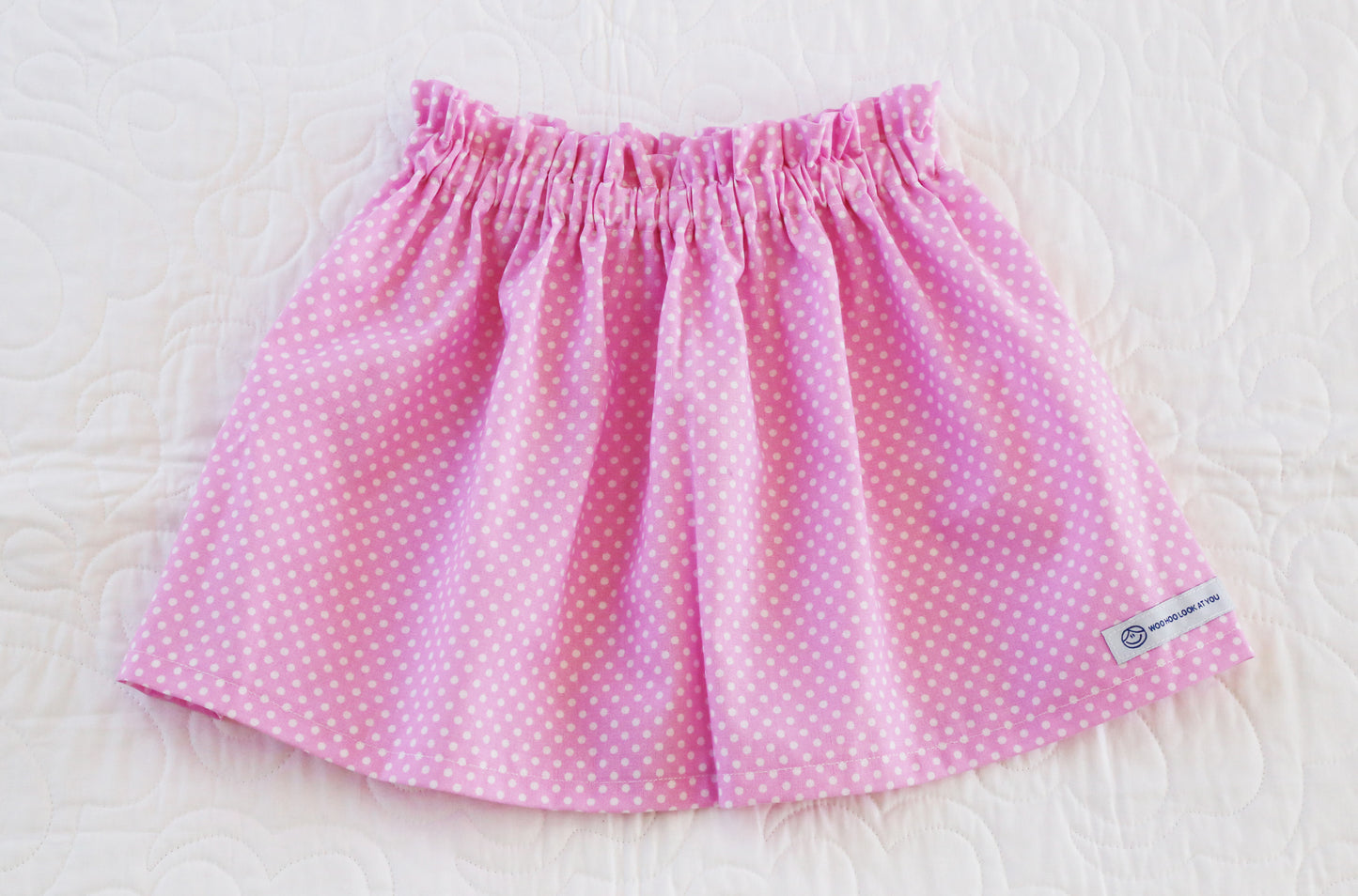 Skirt - High Waisted - Tadah Paper Bag Skirt ,Toddler, White Pokka Dots on Light Pink