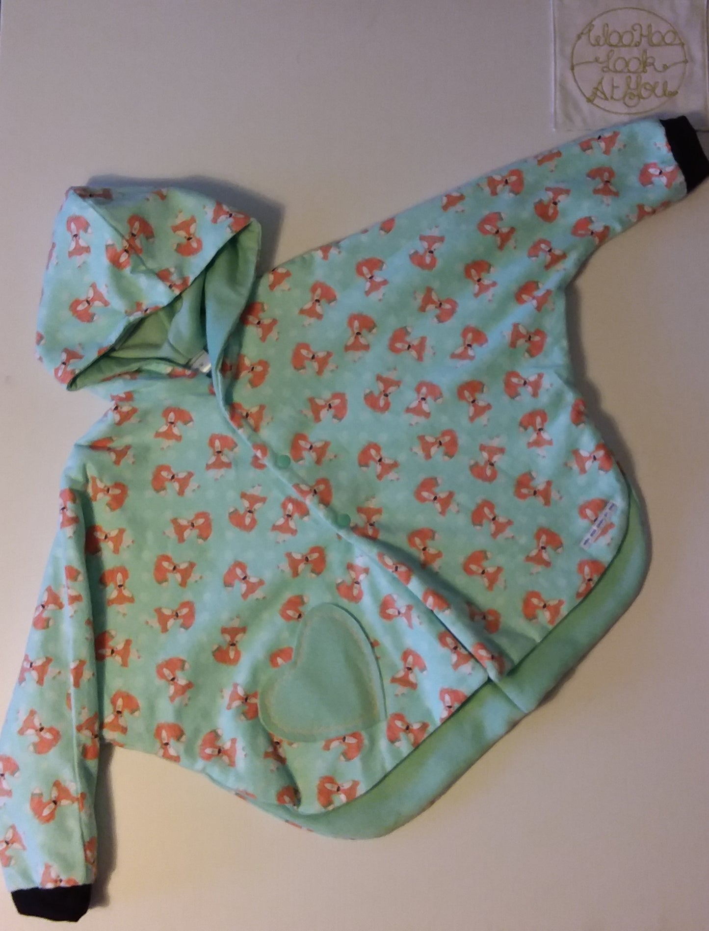 Coat - Poncho Coat/Jacket - Mint Green Lined, Fox Print, Hooded with Mint Green Heart Shape Pocket and Black Cuffs