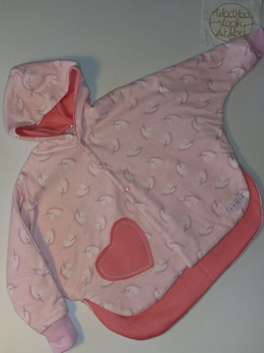 Coat - Poncho Coat/Jacket - Pink Lined, Unicorn Print, Hooded with Heart Shape Pocket and Pink Cuffs