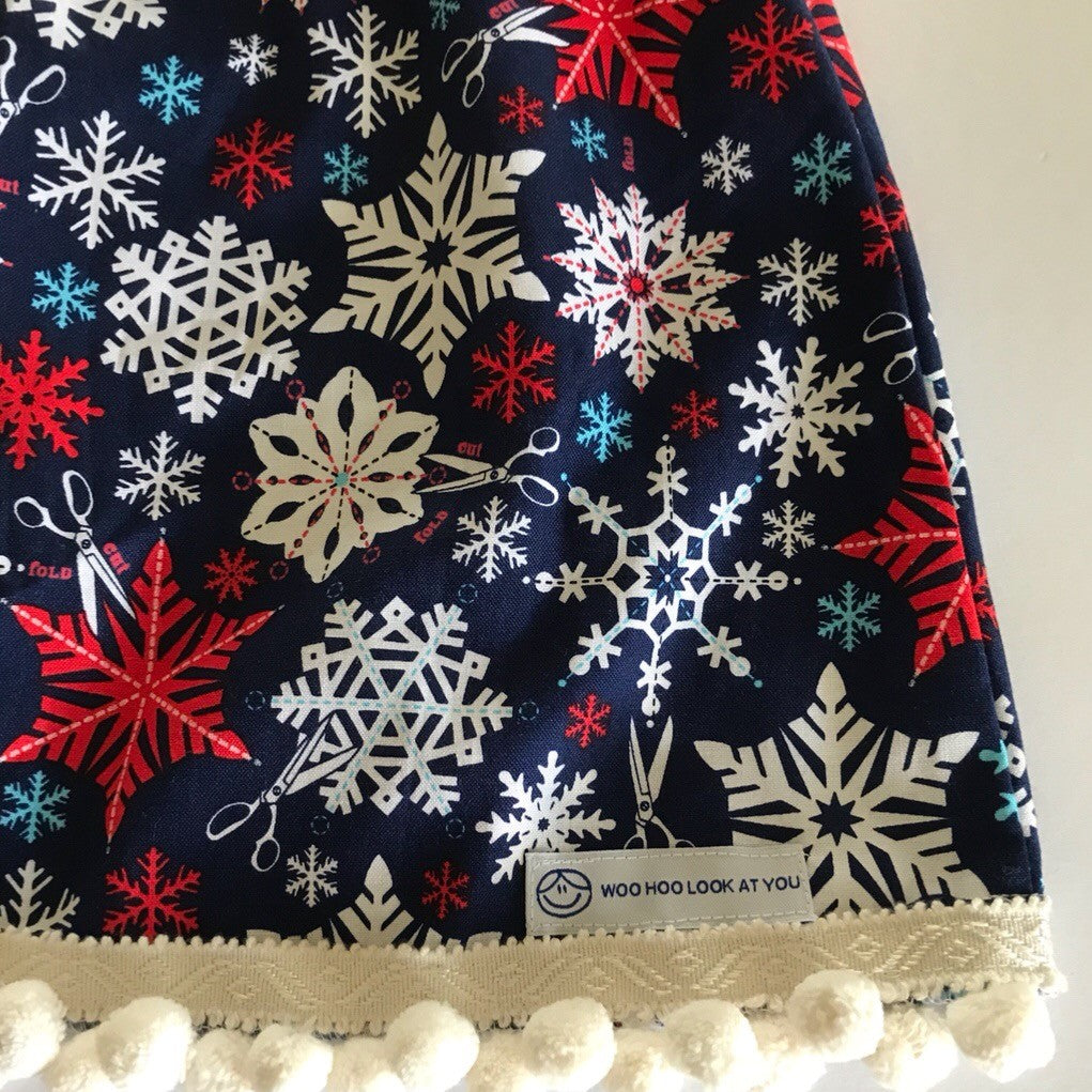 Skirt - Added Elastic Waistband, Multicolour Christmas Snowflakes on Dark Blue Background, Pom Poms Hem