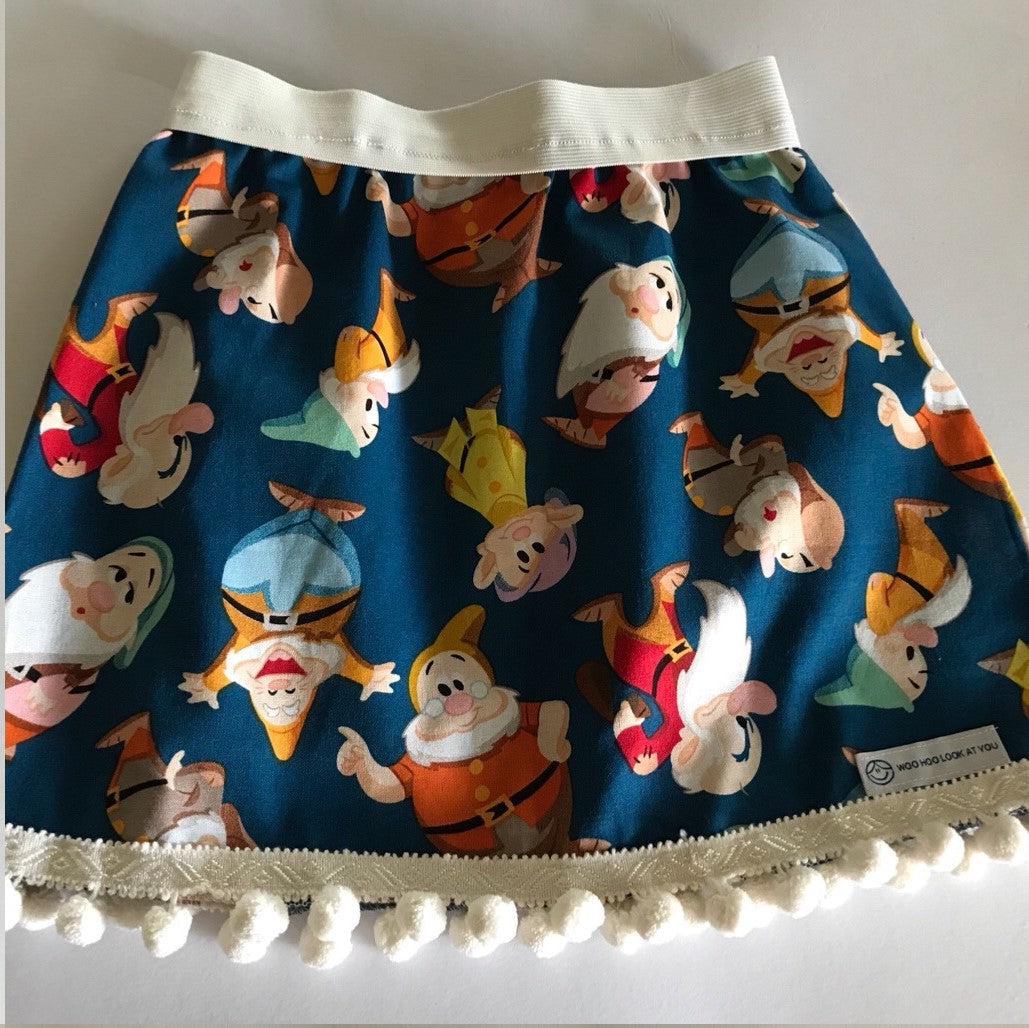 Skirt - Added Elastic Waistband, Multicolour Gnomes on Teal Background, Pom Poms Hem