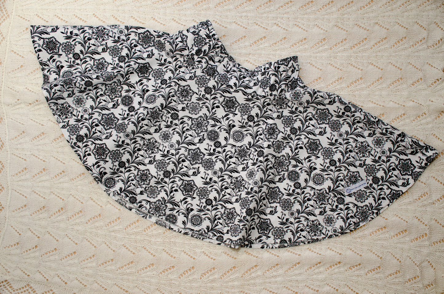 Skirt - Elastic Waist, 100% Cotton, Black and White Floral Fabric, Circular Skirt