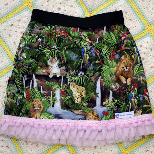 Skirt - Added Elastic Waistband - African Animals on Green, Lions, Tigers, Leopards, Pink Pom Pom Hemline