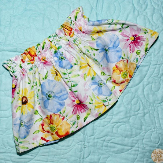 Skirt - High Waisted - Tadah Paper Bag Skirt, Toddler, Multi-Colour Flowers on White