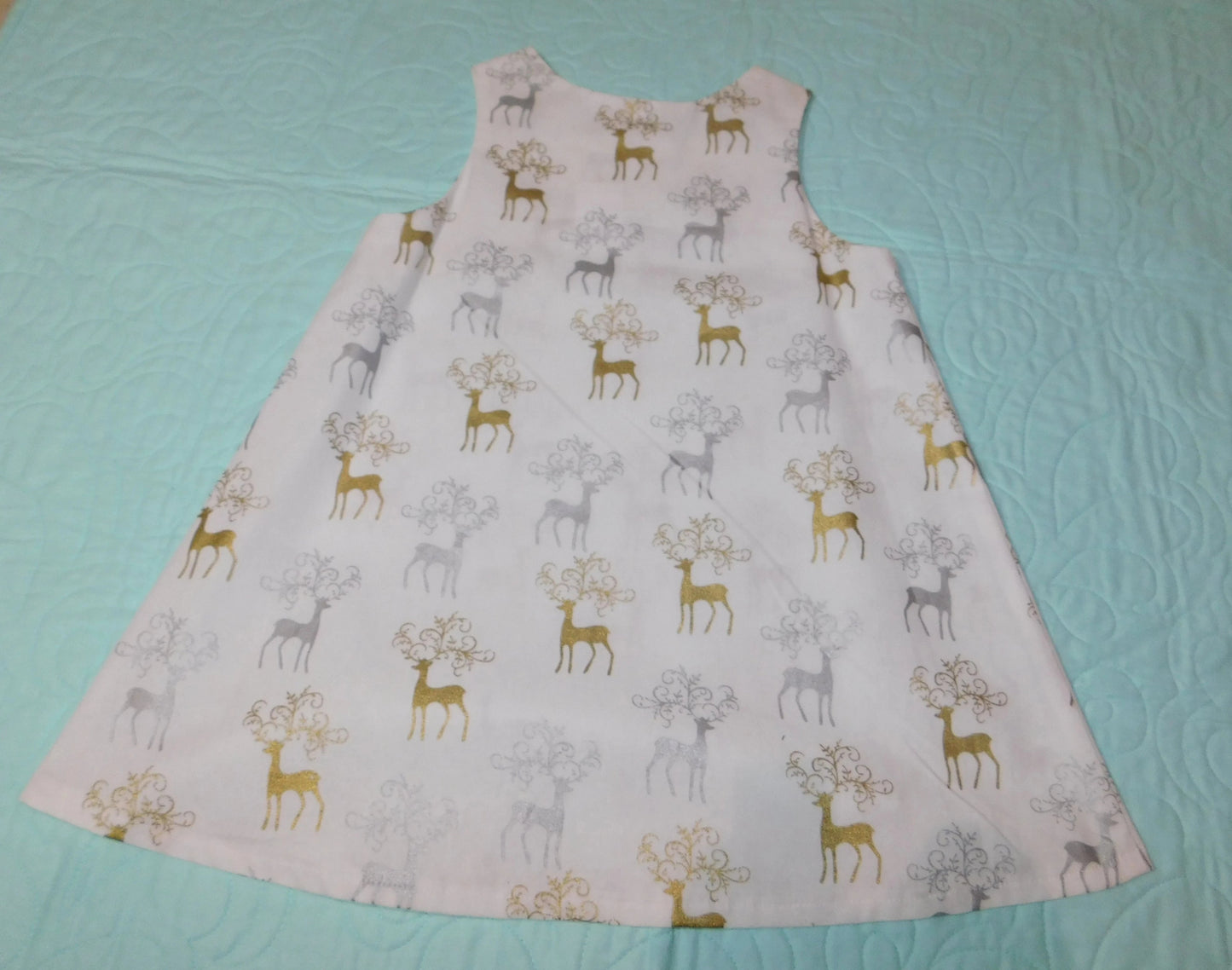 Dress - Christmas - Silver & Gold Metallic Reindeers on White