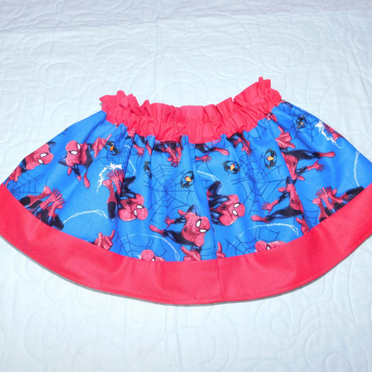Skirt - High Waisted - Tadah Paper Bag Skirt, Toddler  Webbed Superhero on Blue Background with Red Waist and Hemline