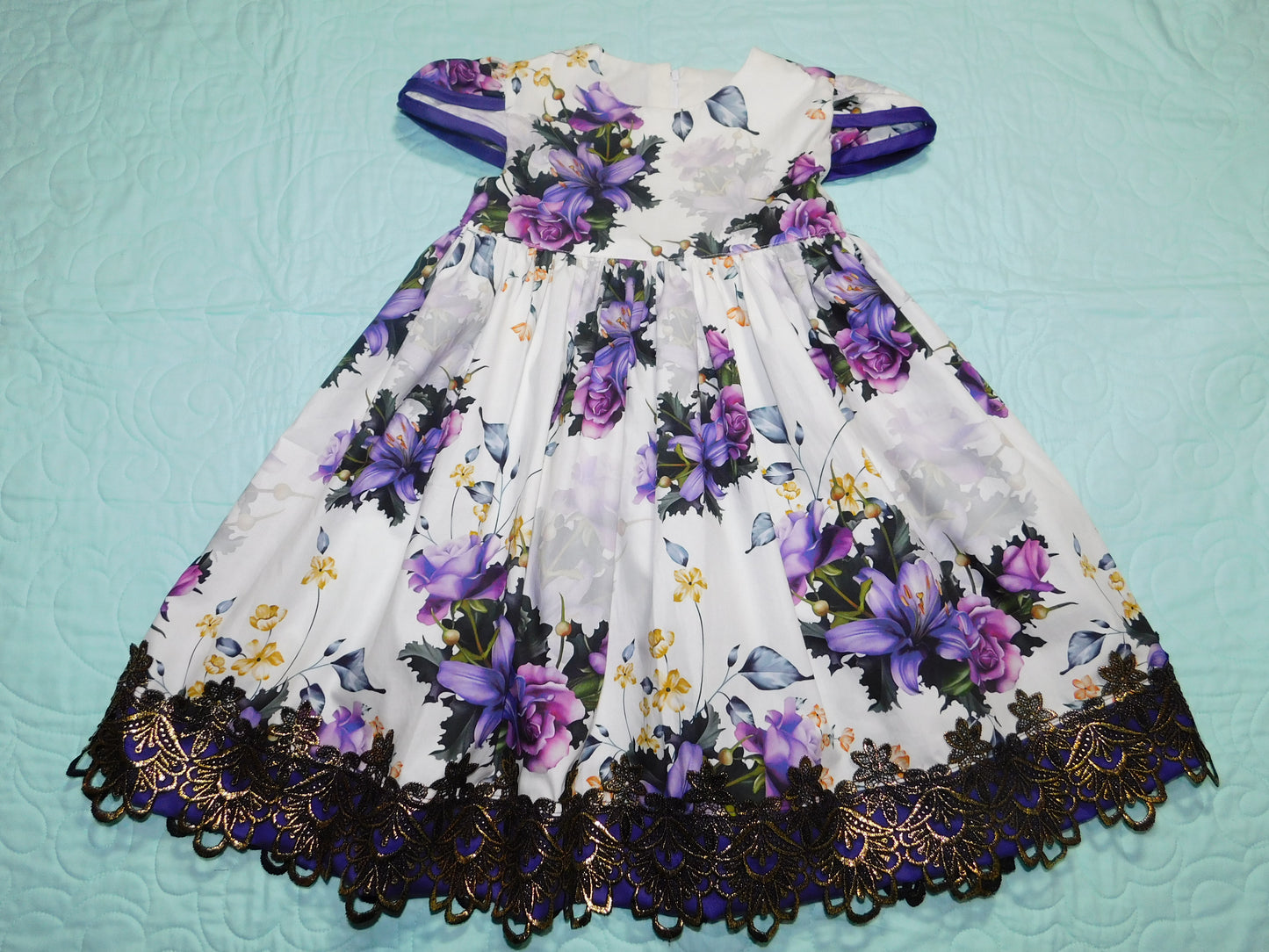 Dress - Exquisite Collection - Purple Lillium Flower, Purple Bias Binding on Sleeves and Black/Gold Lace Trim on Hemline