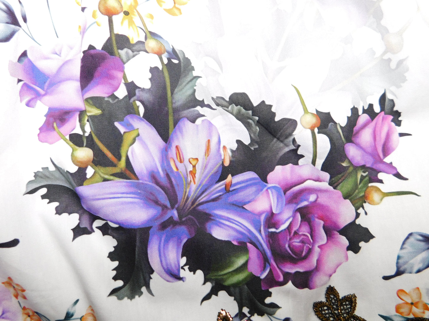 Dress - Exquisite Collection - Purple Lillium Flower, Purple Bias Binding on Sleeves and Black/Gold Lace Trim on Hemline
