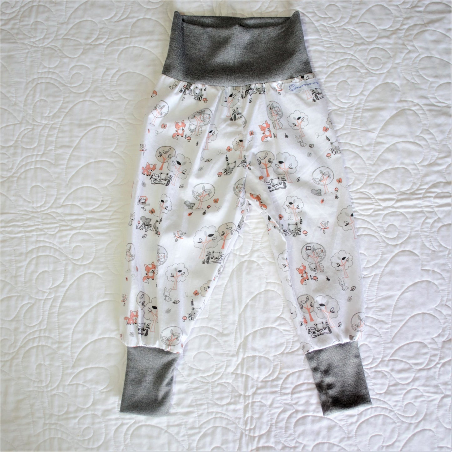 Pants - Harem - Ribbed Waist - Forest Animals on White with Grey Bands