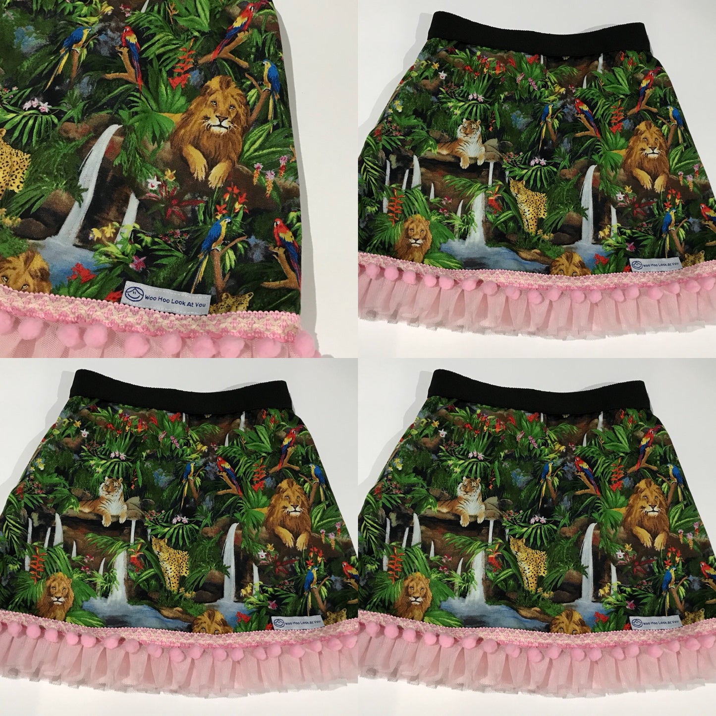 Skirt - Added Elastic Waistband - African Animals on Green, Lions, Tigers, Leopards, Pink Pom Pom Hemline